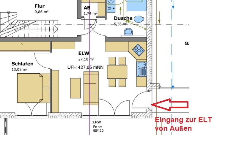Grundriss einer Wohnung: Flur, Schlafzimmer, Küche mit Essplatz, Dusche; Eingang von außen.