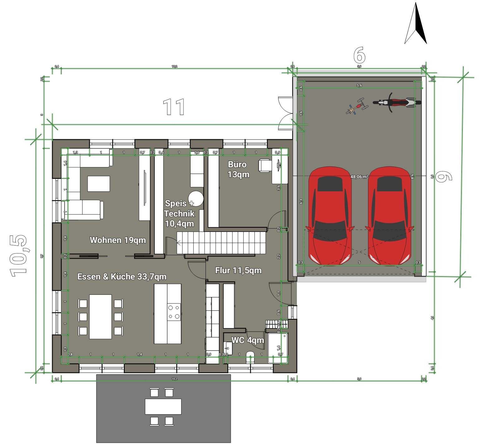 Grundriss: Haus mit Wohnen, Essen & Küche, Büro, Speis/Technik, Flur, WC, Garage mit zwei Autos.