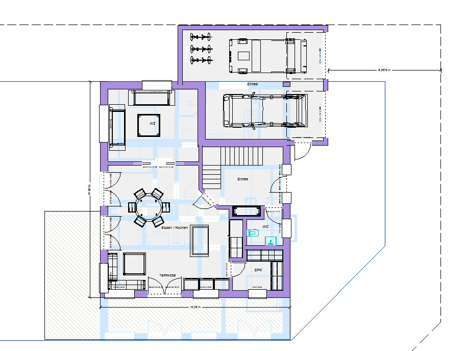Grundriss eines Einfamilienhauses: Wohnzimmer, Essbereich, Küche, Terrasse, Garage mit Auto.