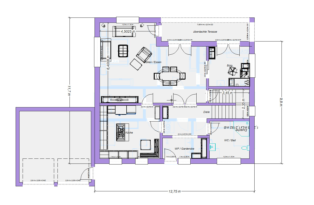 Grundriss eines Hauses mit offenem Wohn-/Essbereich, Küche, Büro, Bad, Diele und Terrasse.