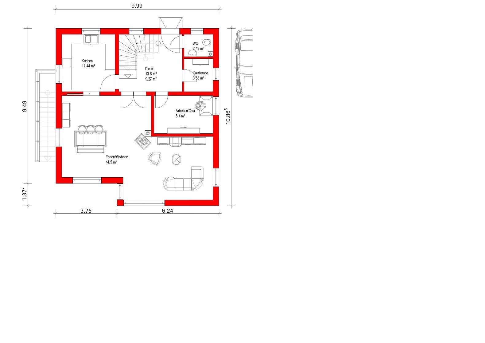 2D-Grundriss eines Hauses mit roter Außenwand, Küche, Essbereich und Wohnzimmer