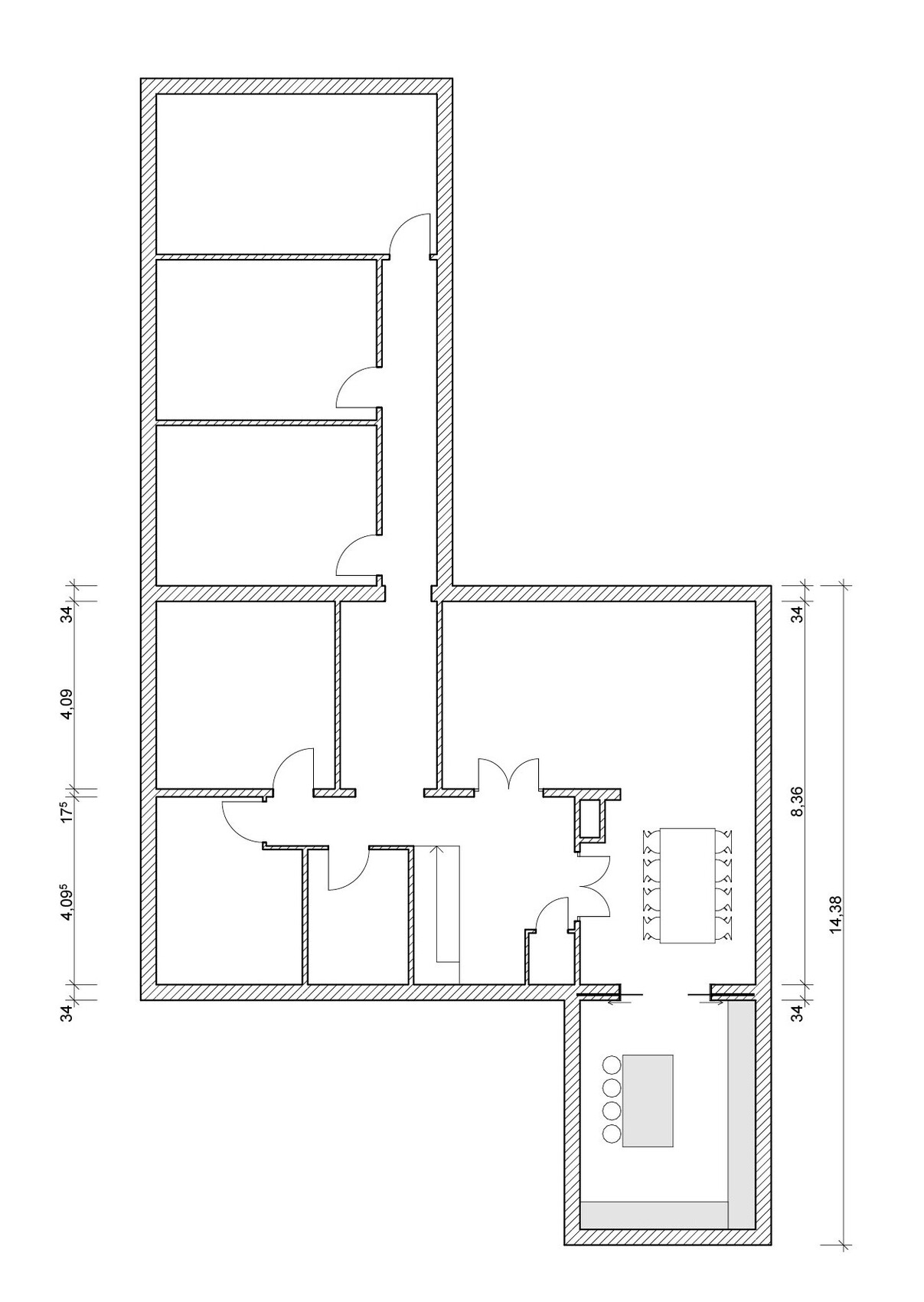 Grundriss eines Hauses mit mehreren Zimmern, Flur und Kueche-Essbereich