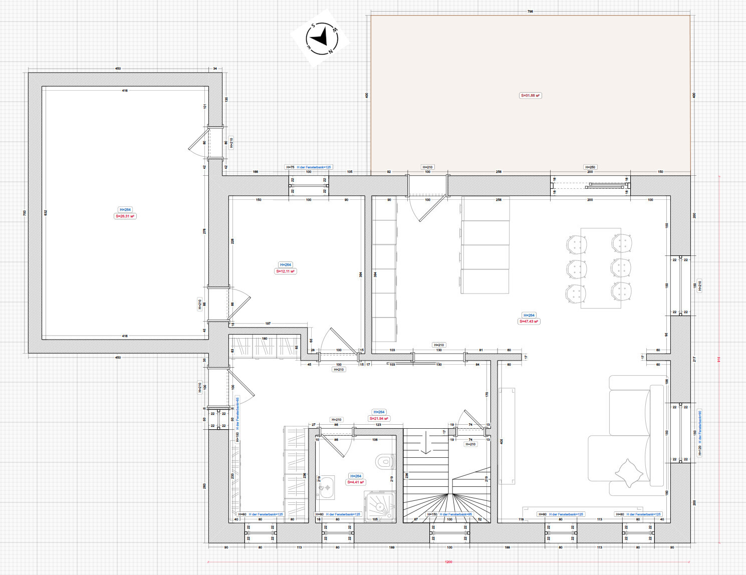 Grundriss eines Hauses mit Wohnzimmer, Küche und Essbereich