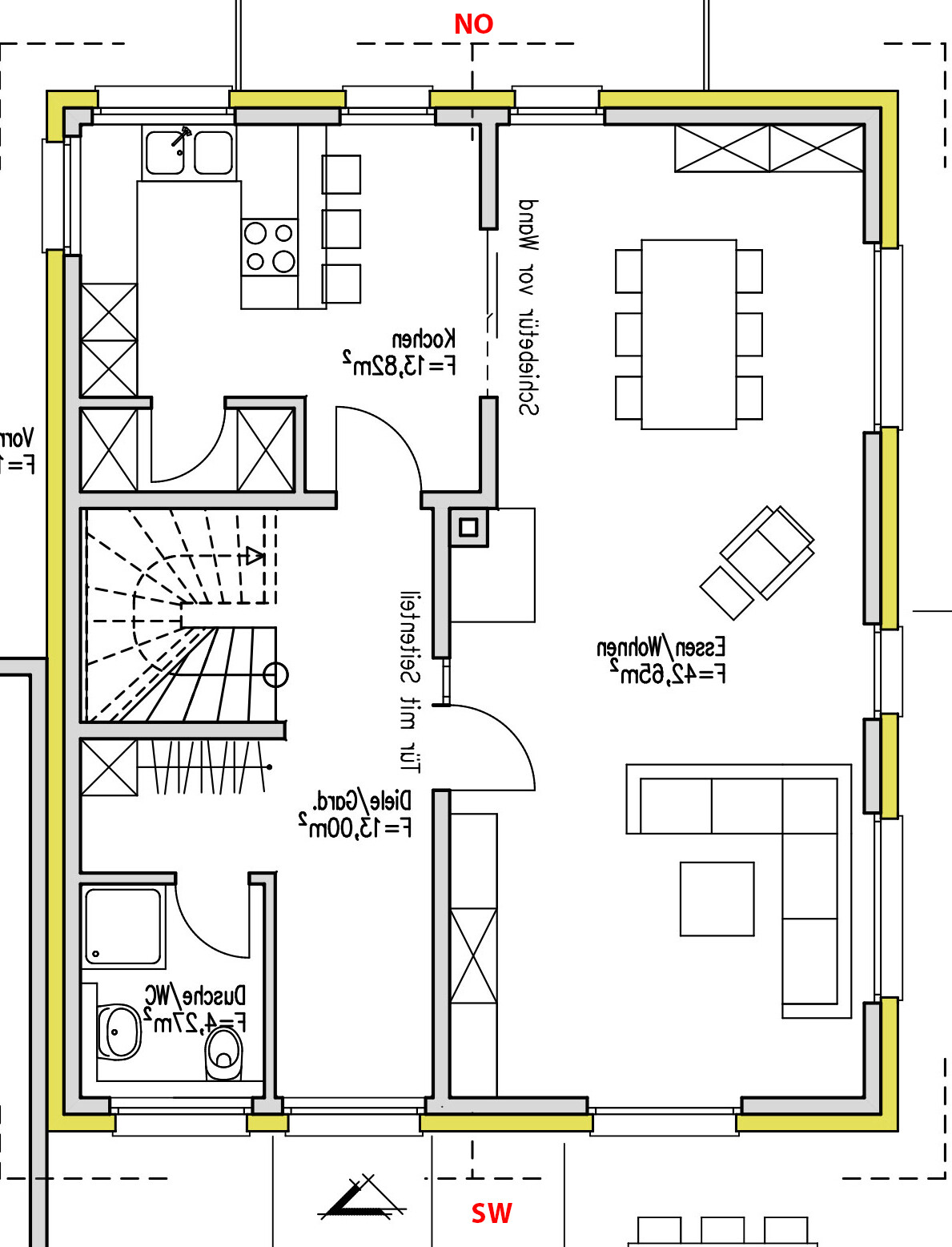 Grundriss einer Wohnung: Küche mit Insel, Essbereich, Wohnzimmer, Bad, Diele, Treppenhaus.