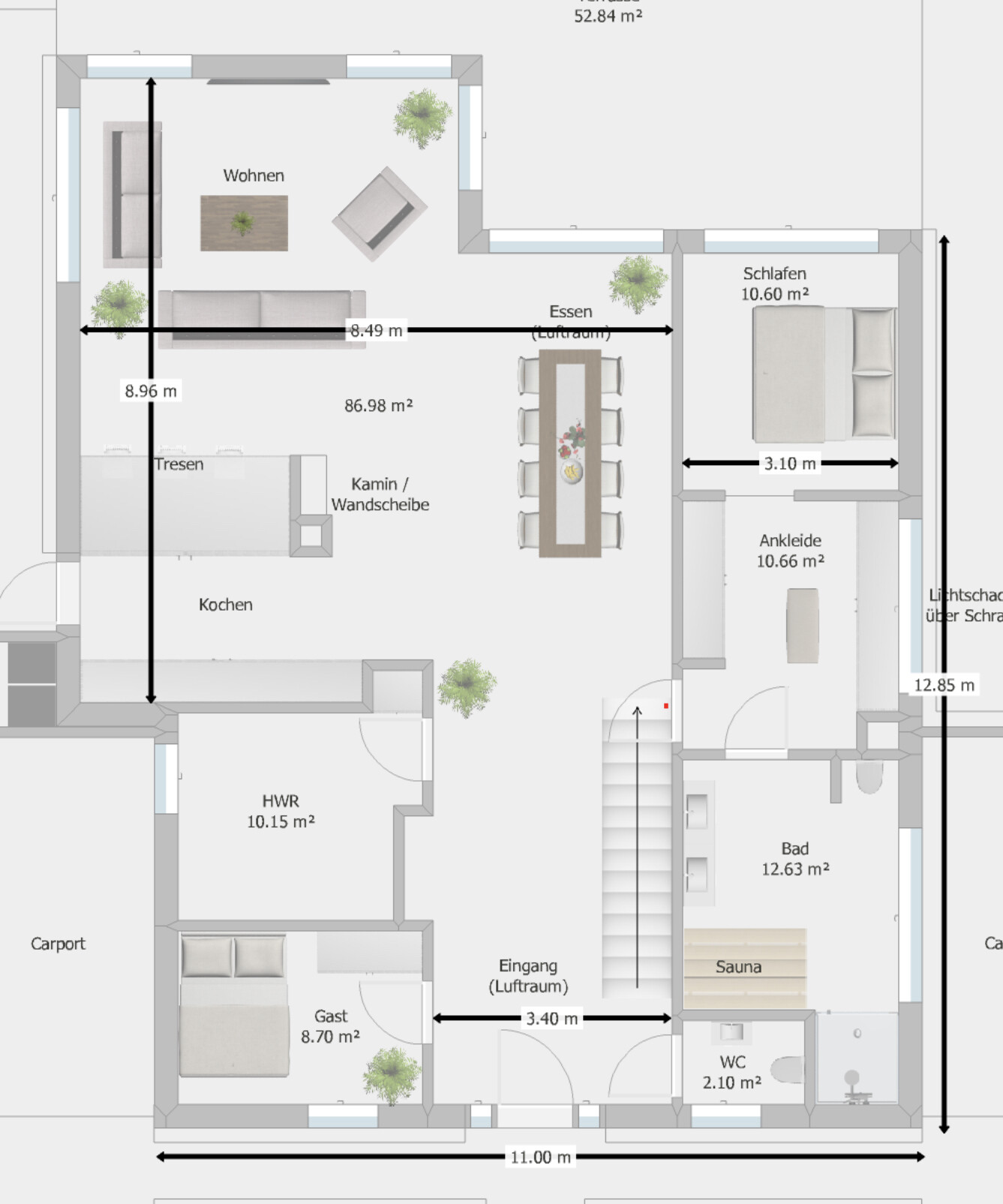 Grundriss eines Hauses: offener Wohn-/Essbereich, Küche, Gästezimmer, Schlafzimmer, Bad, Sauna, HWR, Eingang.