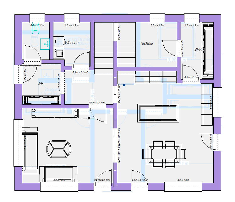Grundriss eines Hauses mit Wohnzimmer, Esszimmer, Küche, Wäsche- und Technikraum, Treppenhaus, Möbel.