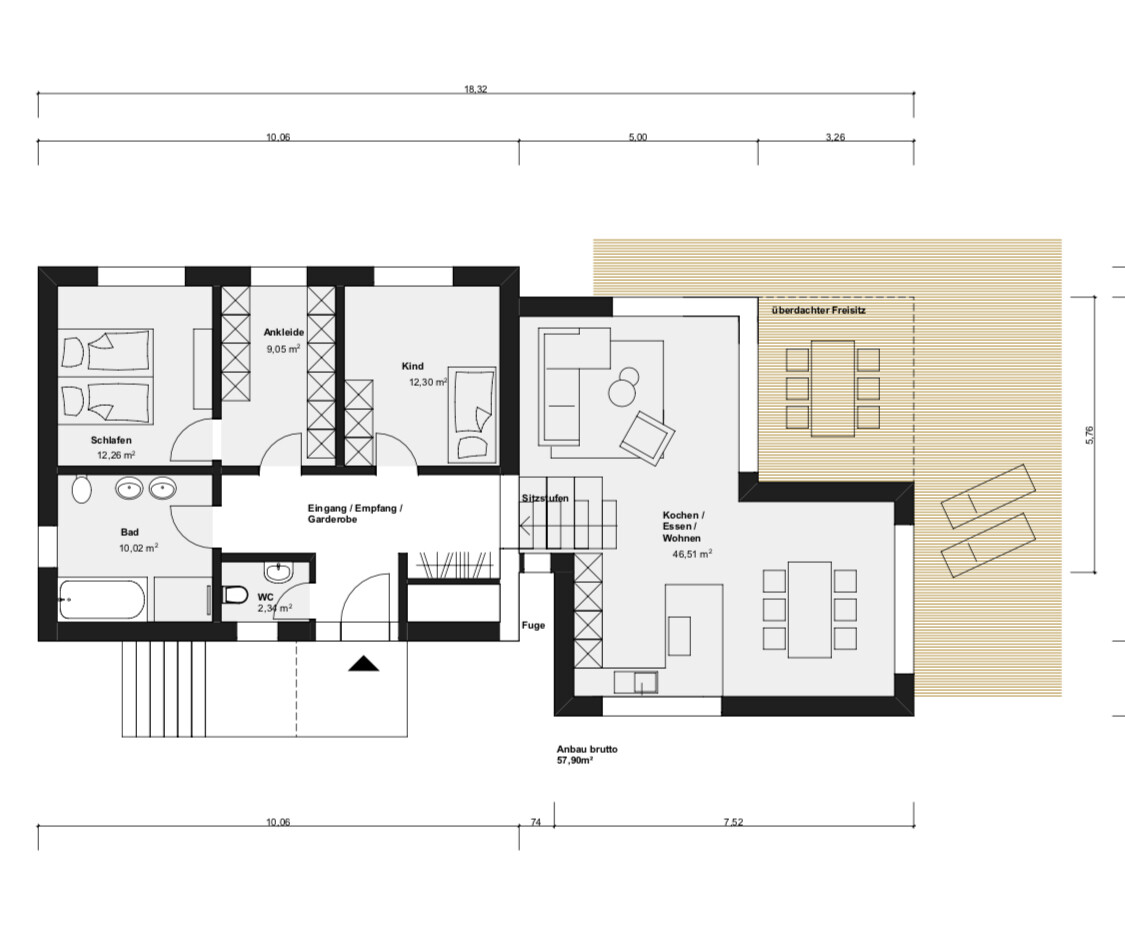 Grundriss eines Hauses: Schlafzimmer, Bad, WC, Kind, Ankleide, Küche/Essen/Wohnen, Terrasse.