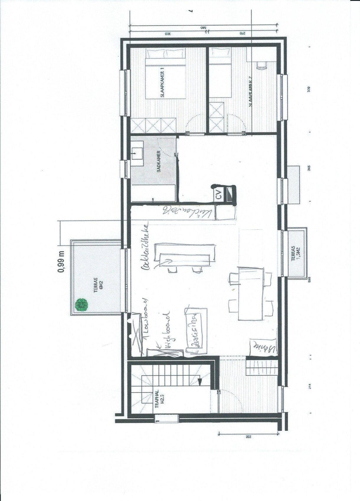 Grundriss einer Wohnung: zwei Schlafzimmer, Bad, Küche, Wohn-/Essbereich und Terrasse