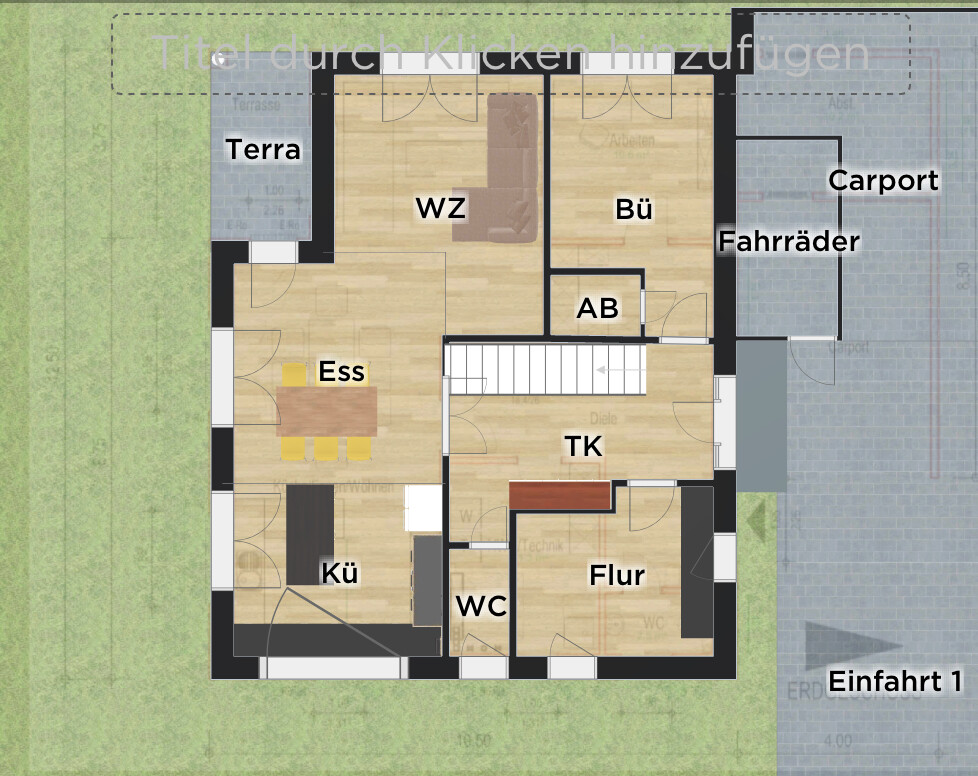 Grundriss eines Hauses mit Terrasse, Carport, Wohnzimmer, Esszimmer, Küche, Flur und WC.