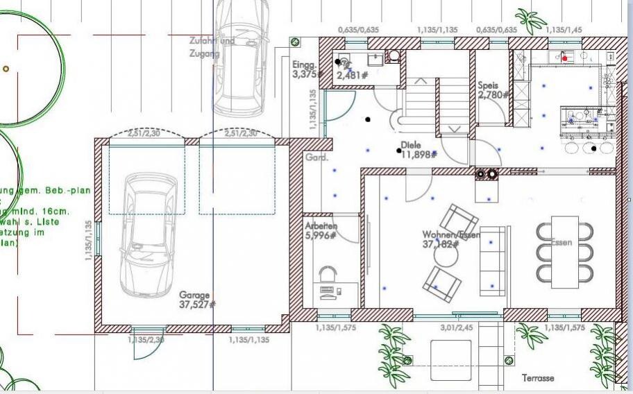 Grundriss eines Hauses mit Garage, Diele, Küche, Essen, Wohnen, Terrasse und Garten.