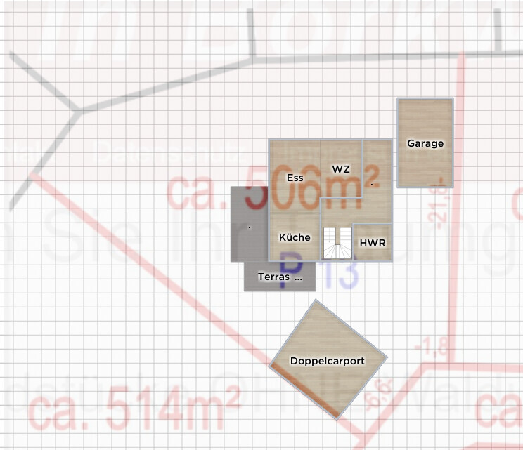 Grundriss eines Hauses mit Küche, Esszimmer, Wohnzimmer, HWR, Terrasse, Garage und Doppelcarport.