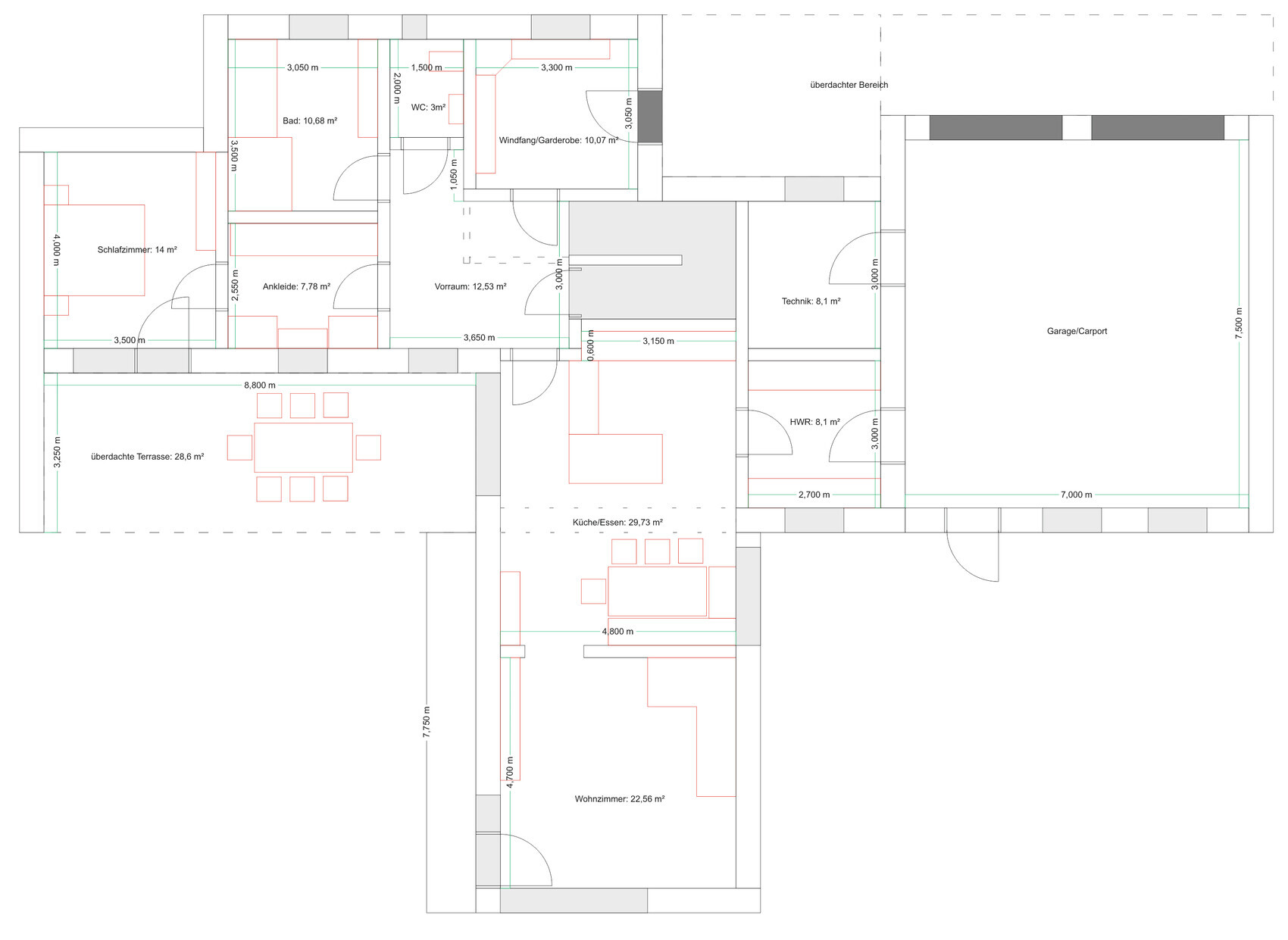 2D-Grundriss eines Hauses mit Küche, Wohnzimmer, Bad, Schlafzimmer, Terrasse und Garage.