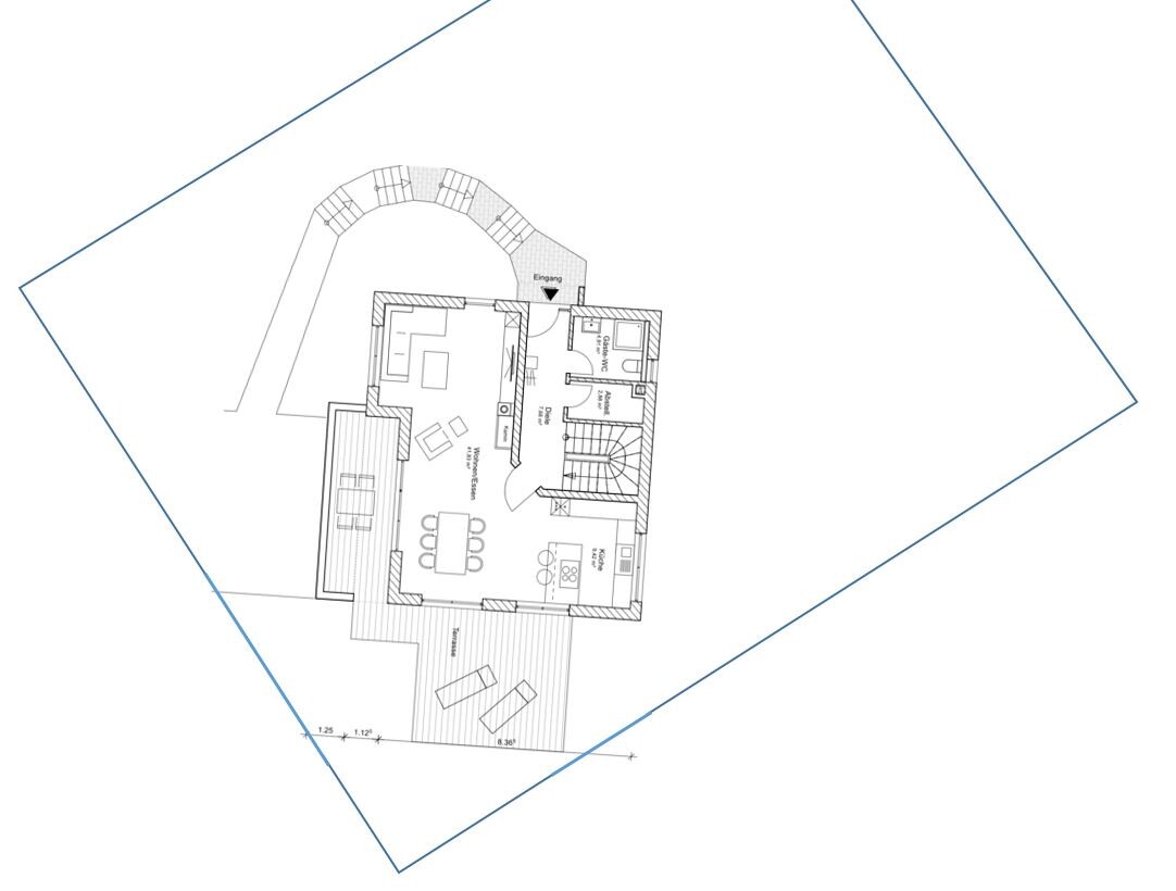 Grundriss eines Hauses mit Eingang, Wohn- und Essbereich, Küche und Terrasse.
