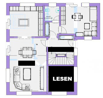 2D-Grundriss eines Hauses mit Wohnbereich, Küche, Essbereich, Flur und Treppen.