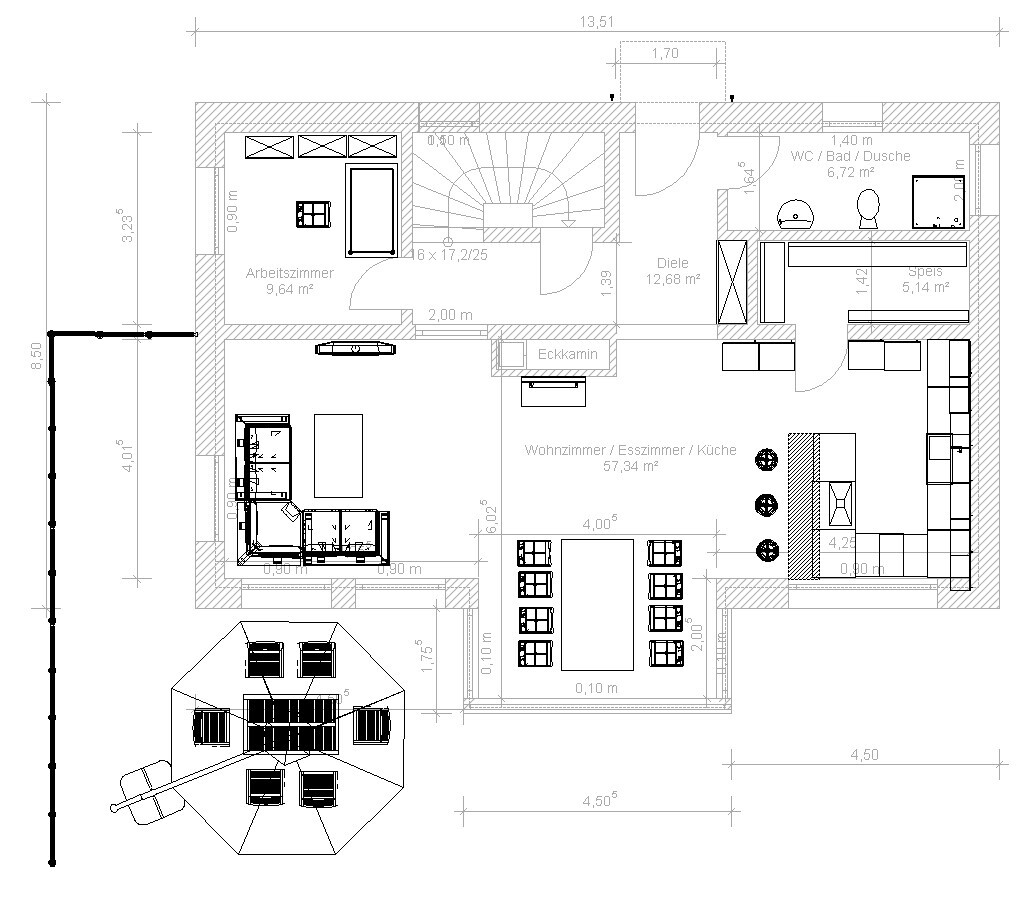 Grundriss eines Hauses: Offener Wohn-/Essbereich, Küche, Schlaf-/Arbeitszimmer, Diele, Bad, Terrasse.