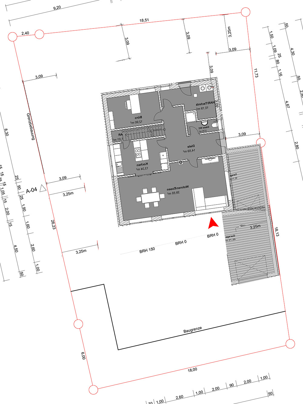 Lageplan: roter Rand, Innenraum mit Küche, Essbereich, Treppe.