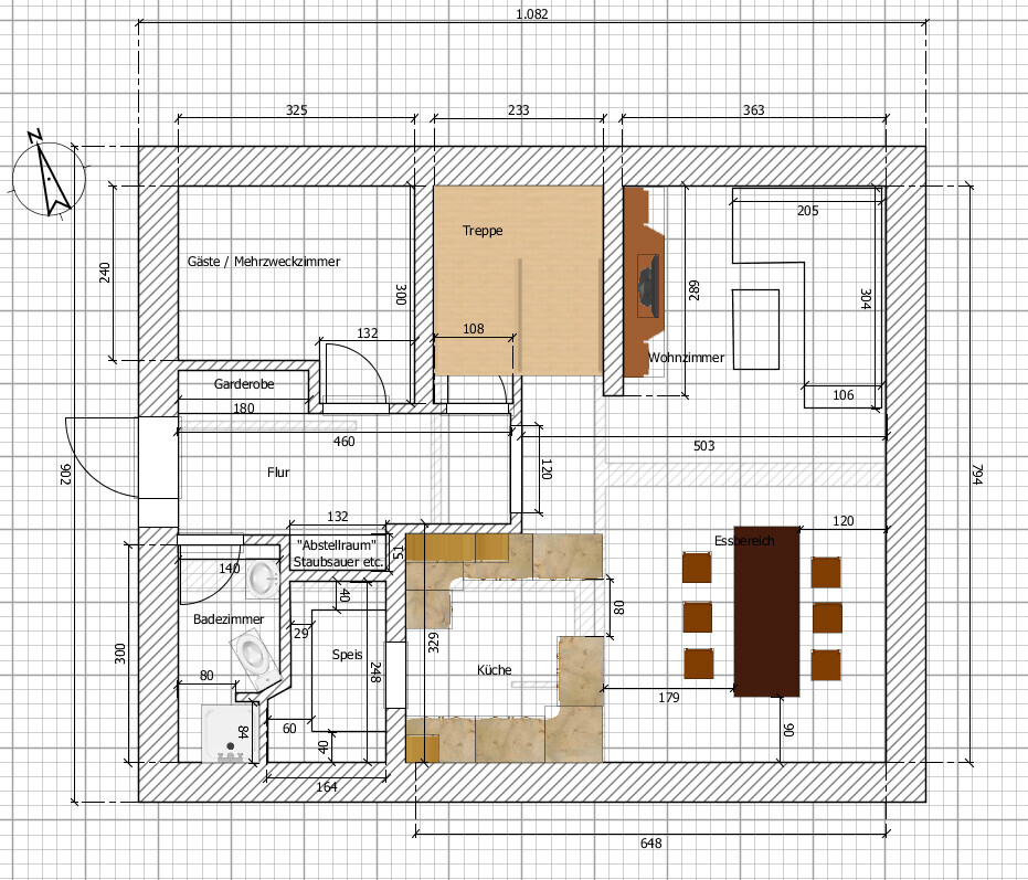 Grundriss eines Hauses mit Küche, Essbereich, Wohnzimmer, Flur, Badezimmer, Gästezimmer, Treppe.