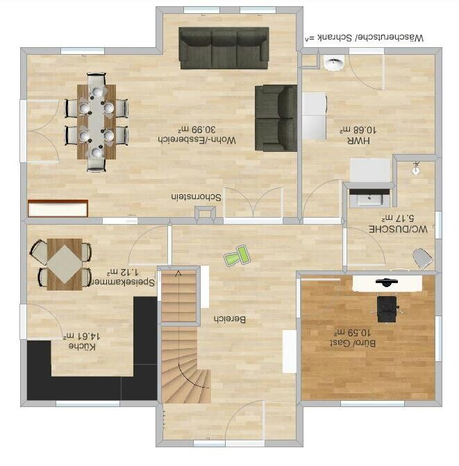 Grundriss eines Hauses: Wohnzimmer/Essbereich, Küche, Schlafzimmer, Bad, Flur, Treppenhaus.