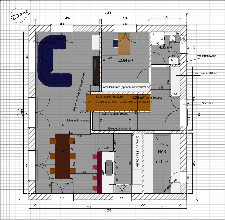 Grundriss eines mehrstöckigen Hauses: Wohnzimmer, Essbereich, Arbeitszimmer, HAR, Treppen, Türen.