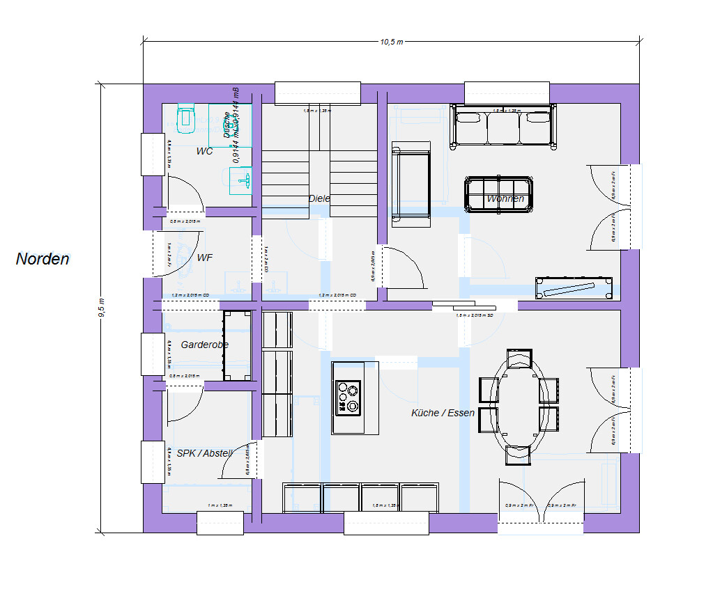 2D Grundrissplan eines Hauses mit Küche, Essbereich, Wohnzimmer und Fluren