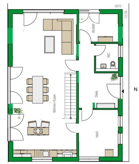 Grundriss eines Einfamilienhauses mit Wohnzimmer, Küche, Essbereich, Diele und Treppe