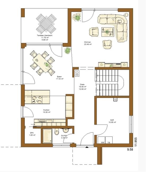 Grundriss eines Hauses mit Küche, Essbereich, Wohnzimmer, Diele und Terrasse.