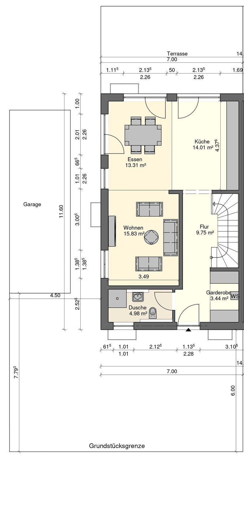 Grundriss des Erdgeschosses: Garage links, Wohnen, Essen, Küche, Flur, Dusche, Garderobe, Terrasse.