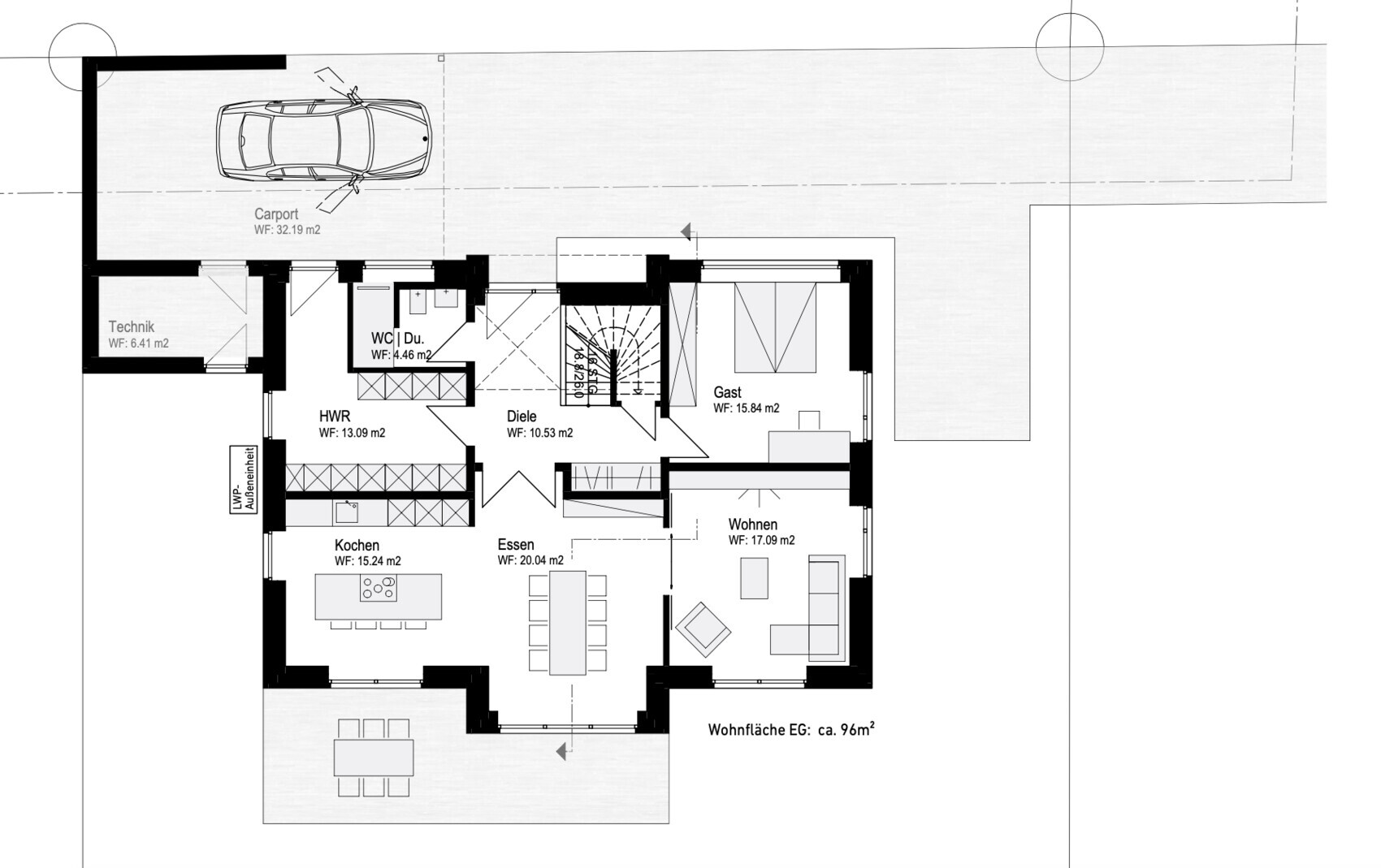 Grundriss eines Hauses mit Carport, Küche, Essen, Wohnzimmer, Flur und Technikraum.