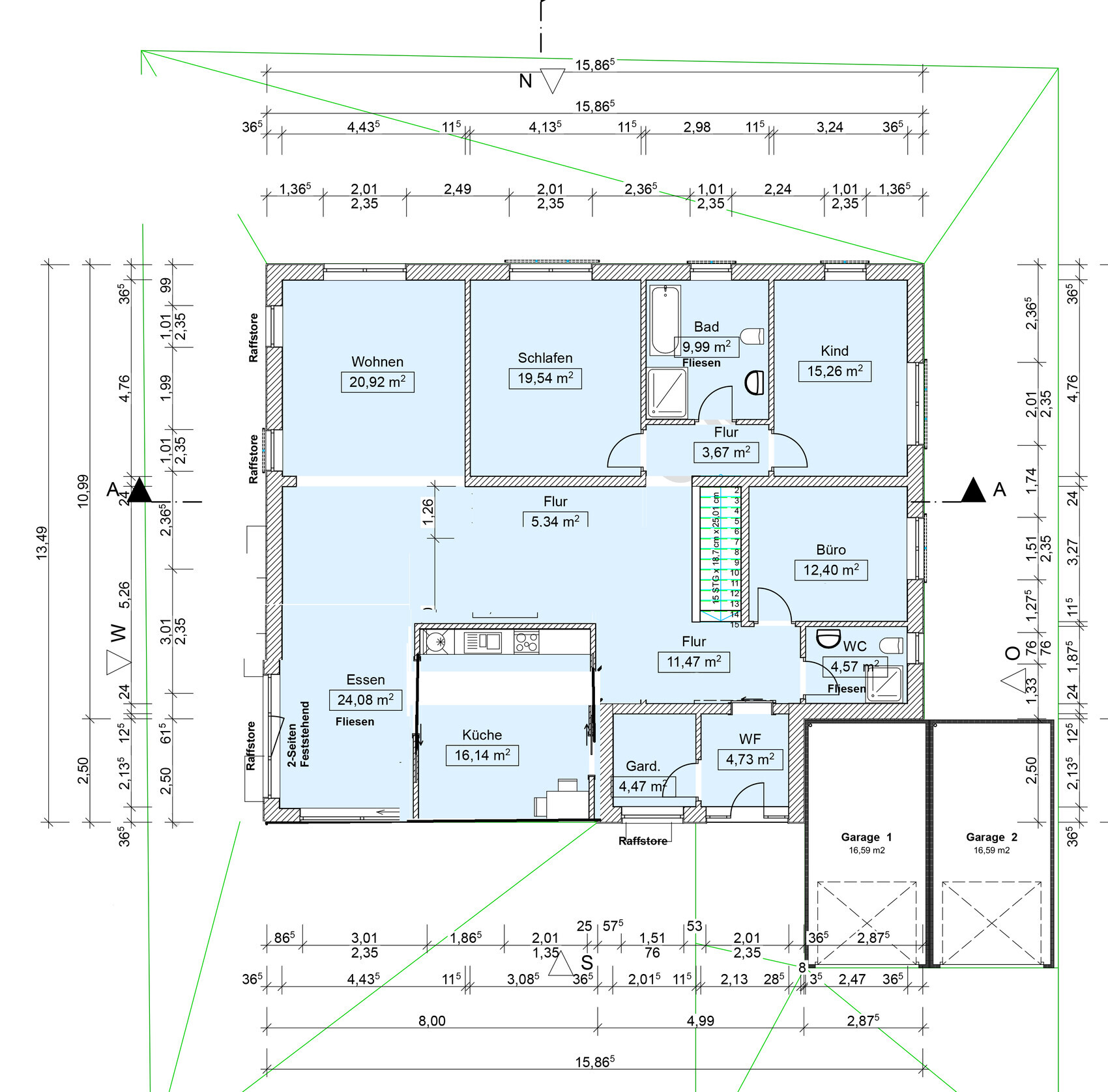 Grundriss eines Einfamilienhauses: Räume Wohnen, Essen, Küche, Schlafen, Bad, Kind, Büro, Garage