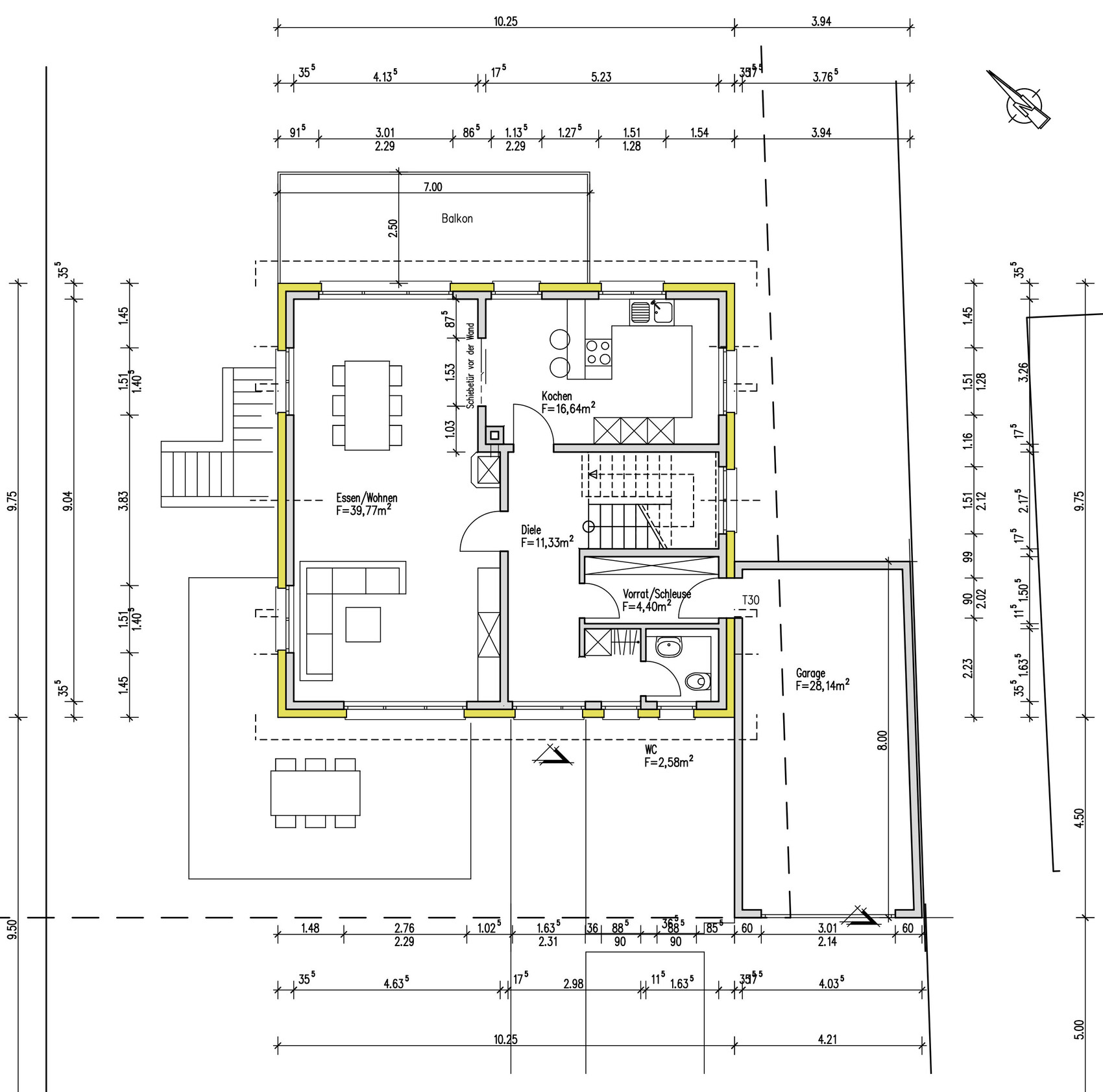 Grundriss eines Hauses mit offener Wohn-/Esszone, Küche, Diele, Balkon, Vorrat, WC und Garage.
