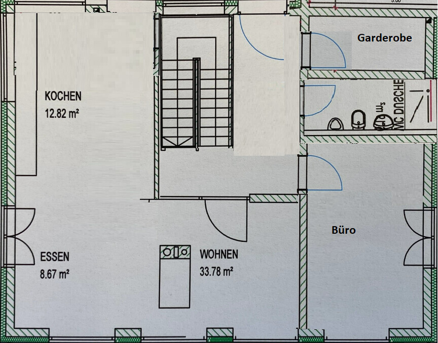 Grundriss: KOCHEN links, ESSEN unten links, WOHNEN zentral, Büro rechts, Garderobe oben rechts.