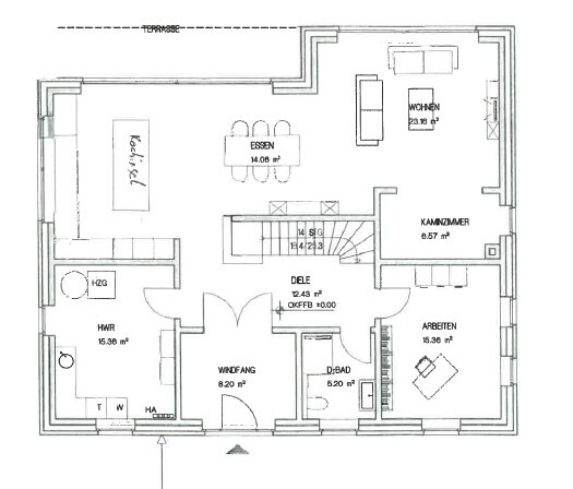 Grundriss eines Hauses mit Terrasse, Wohnen, Essen, Loggia, Kammer, Arbeitsraum, Diele, Windfang.