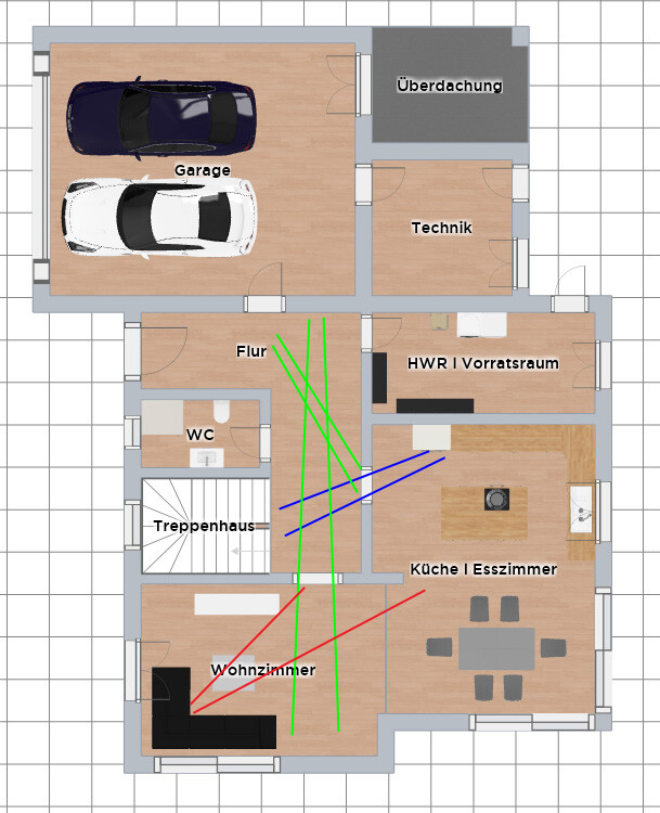 Grundriss eines Hauses: Garage mit zwei Autos, Überdachung, Technik, Flur, HWR, Küche/Essen, WC.