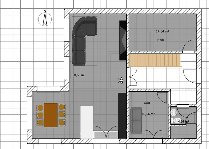 2D Grundrissplan eines Hauses mit Wohnzimmer, Küche, Essbereich, Bad und Gästezimmer