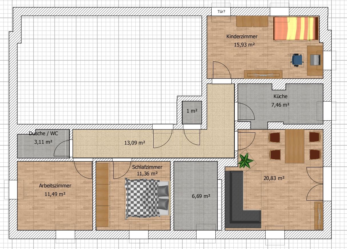 Grundriss einer Wohnung mit Küche, Wohnzimmer, Schlafzimmer, Arbeitszimmer, Dusche/WC.