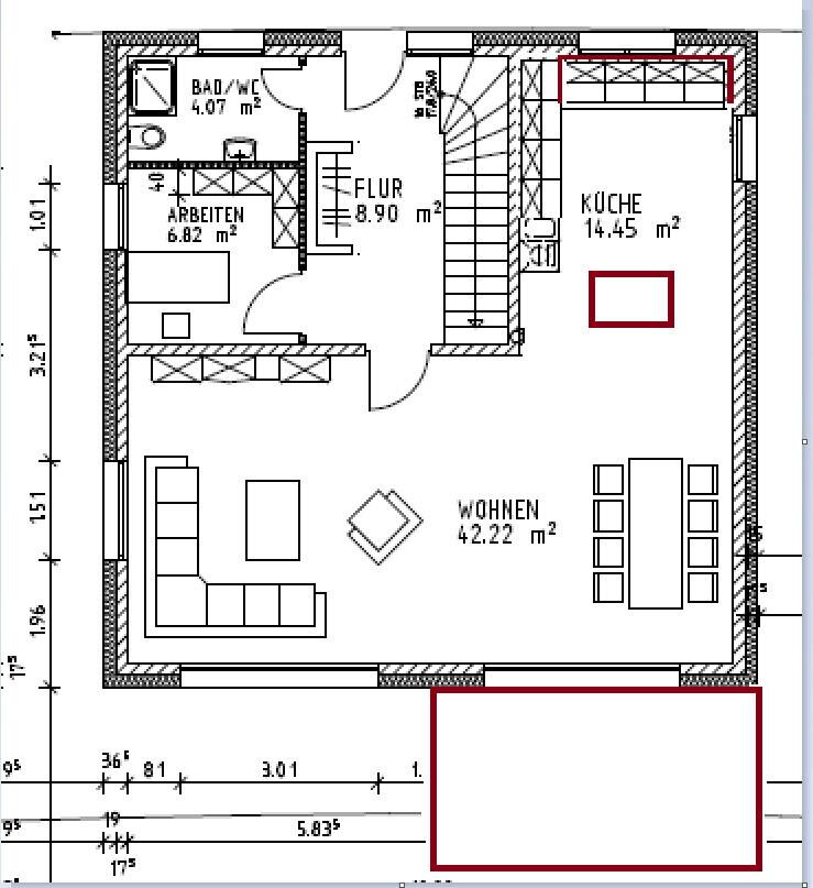 Grundriss eines Hauses: Wohnzimmer, Küche, Flur, Bad/WC, Arbeitszimmer; Möbel: Sofa, Esstisch.