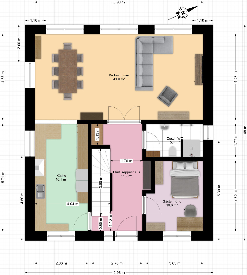 Grundriss eines Hauses mit Wohnzimmer, Küche, Flur/Treppenhaus, Dusche/WC und Gäste-/Kind-Zimmer.