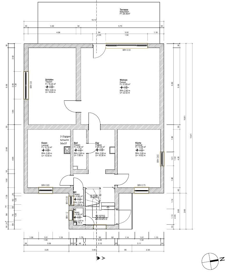 Grundriss eines Einfamilienhauses mit Wohnzimmer, Küche, Flur und Terrasse
