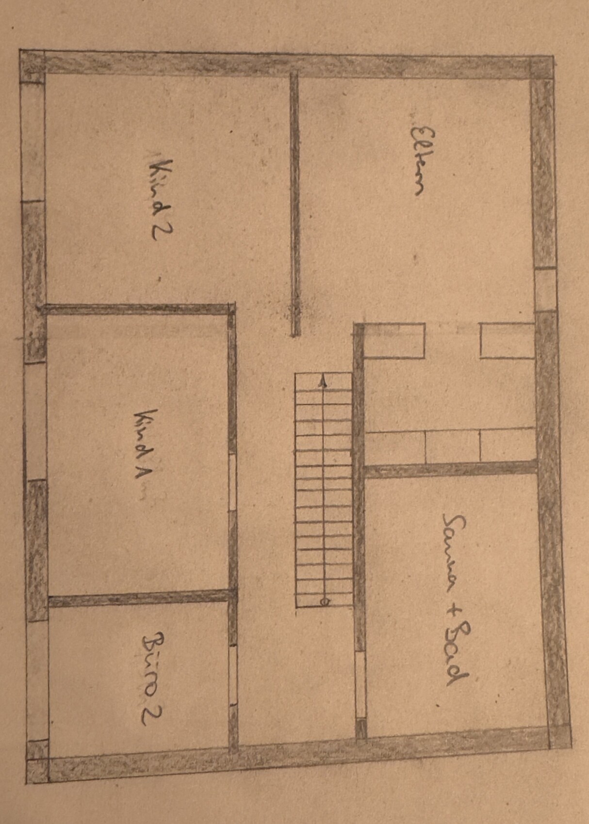 Handgezeichneter Grundriss: Treppenhaus in Mitte, Räume links und rechts.
