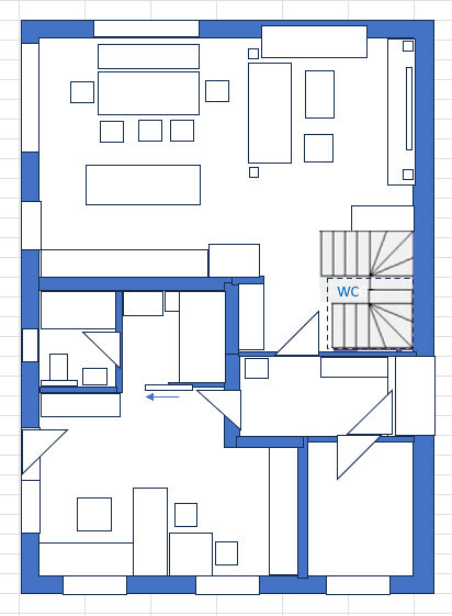 Grundriss eines Hauses mit mehreren Zimmern, Treppenhaus, WC, Möbelskizzen; blaue Außenwände.