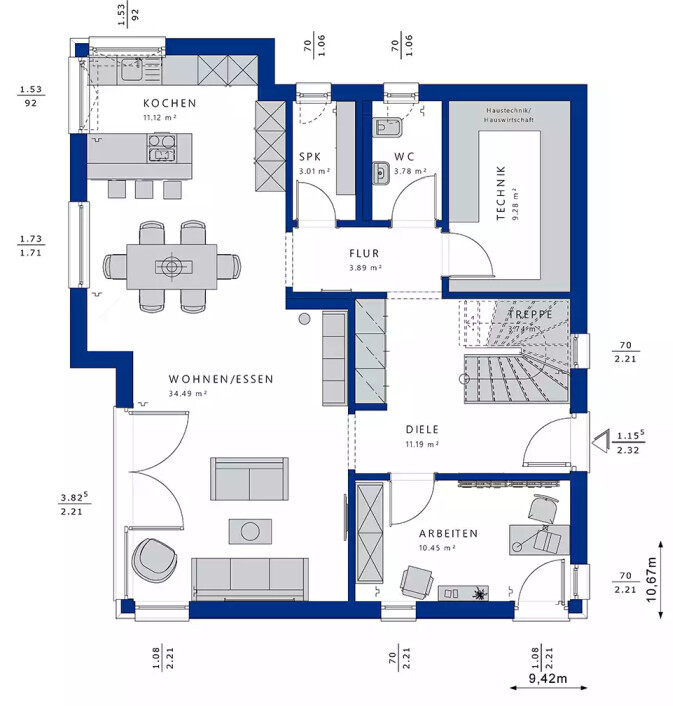 Grundrissplan eines Hauses mit Küche, Wohnen/Essen, Flur und Technikraum.