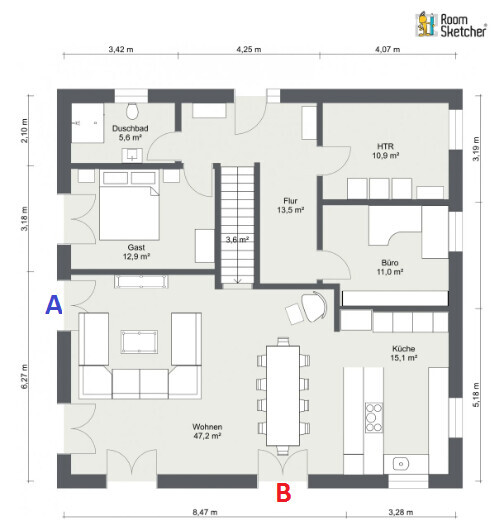 Grundriss eines Wohnhauses: Wohnzimmer, Küche, Gästezimmer, Büro, Flur, Duschbad