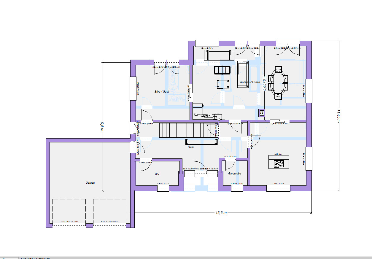 Grundriss eines Einfamilienhauses mit Garage, Küche, Wohnzimmer, Büro, WC, Diele und Garderobe.