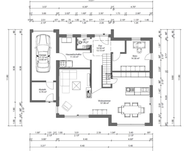 Grundriss eines Hauses mit Garage, WC, Flur, Treppe, Büro, Wohnzimmer und Küche.