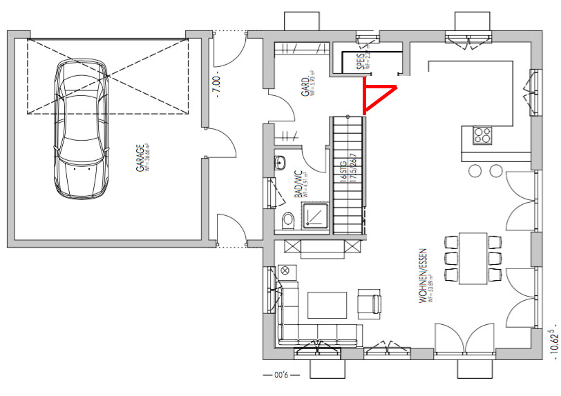 Grundriss eines Hauses mit Garage, Treppenhaus, Küche und Essbereich
