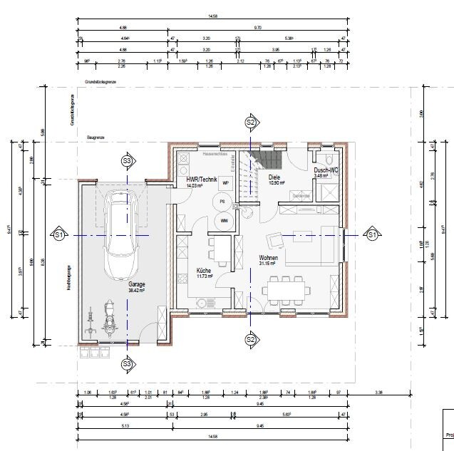 Grundrissplan eines Einfamilienhauses mit Garage, Küche, Wohnzimmer und Diele