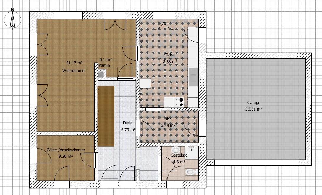 Grundrissplan eines Hauses mit Wohnzimmer, Küche, Flur, Gästezimmer, Bad und Garage