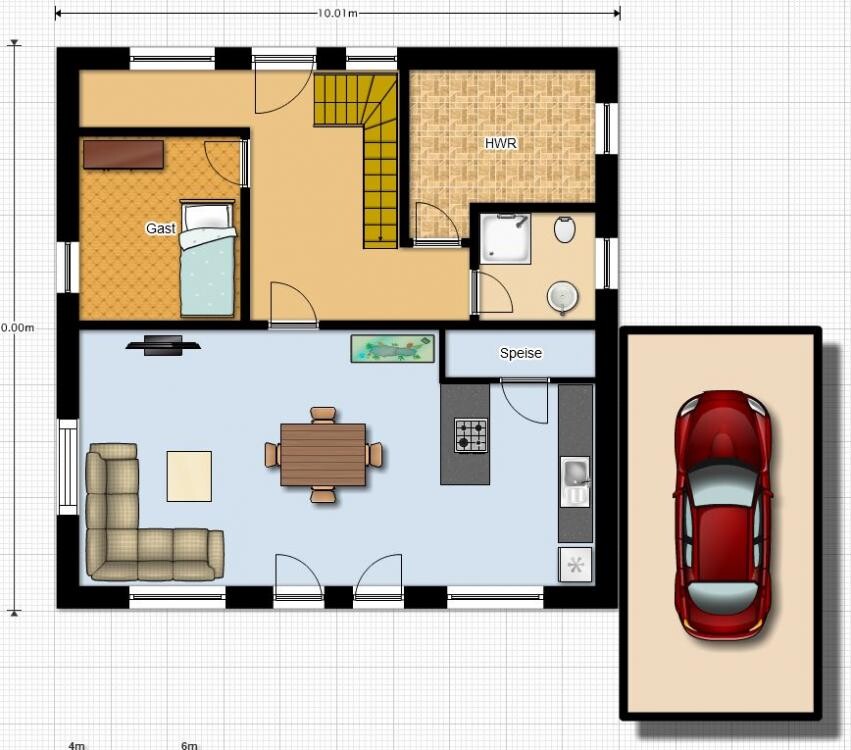 2D-Grundriss eines Hauses mit Wohnzimmer, Küche, Essbereich, Gästezimmer und Garage.