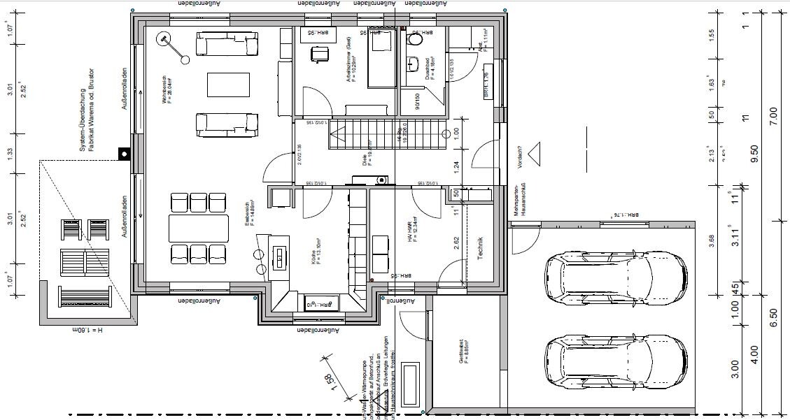 Grundriss eines Hauses: Wohn-/Essbereich, Küche, Bad, Schlafzimmer, Treppe, Flur, Garage mit zwei Autos.