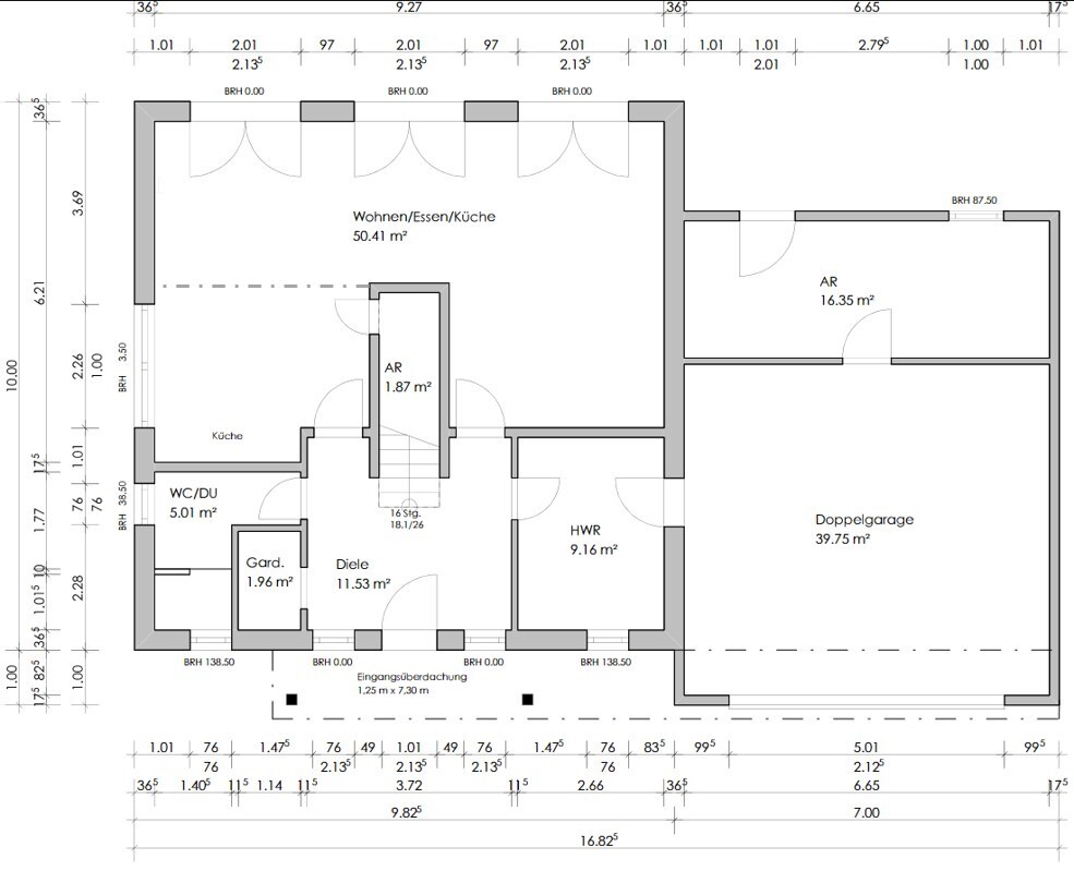 Grundriss eines Hauses: Offener Wohn-/Ess-/Küchenbereich 50,41 m²; Doppelgarage 39,75 m².